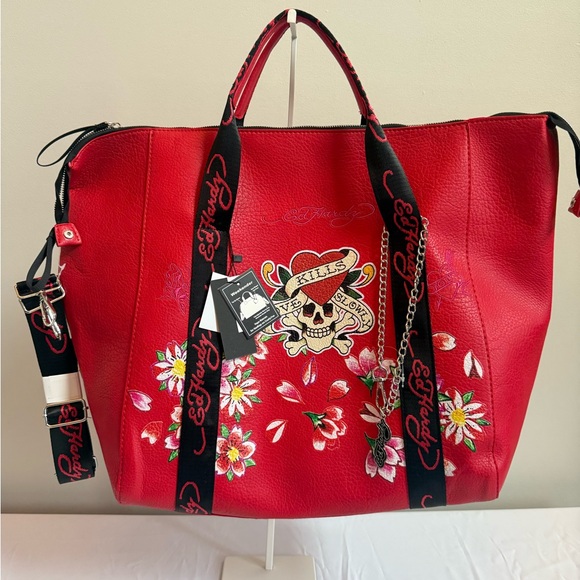 Ed Hardy | Bags | Ed Hardy Red Floral Skull Tote | Poshmark